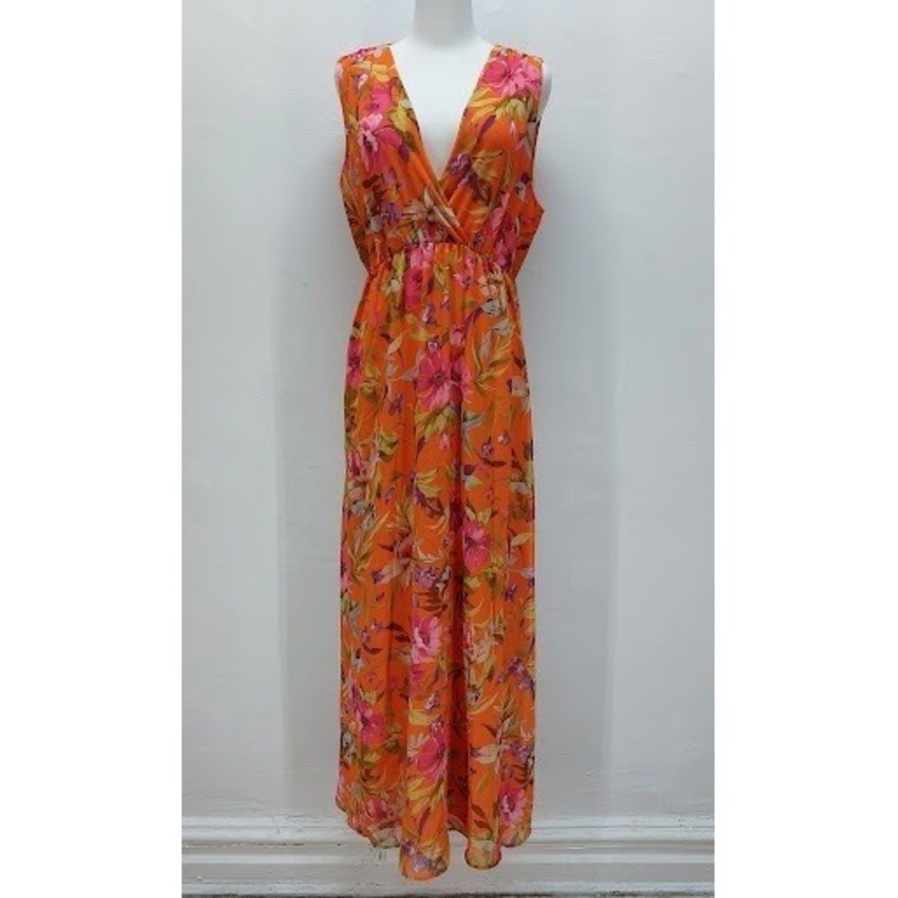 Sweet Pea for NY&Co Maxi Dress Women's Large Orange Pink Floral V-Neck Bohemian